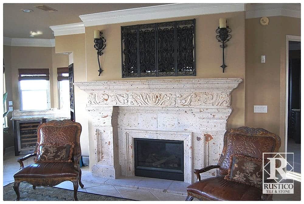 pinon cantera stone fireplace surround