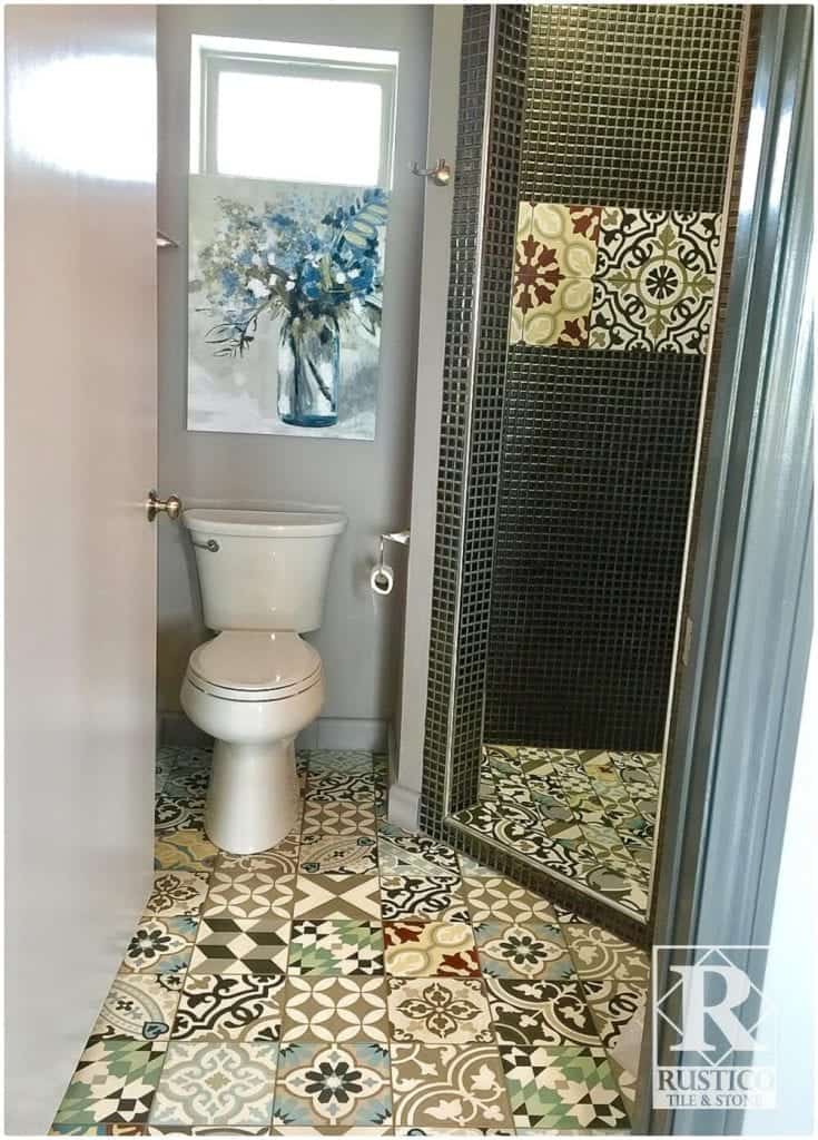 patchwork encaustic tile in bathroom
