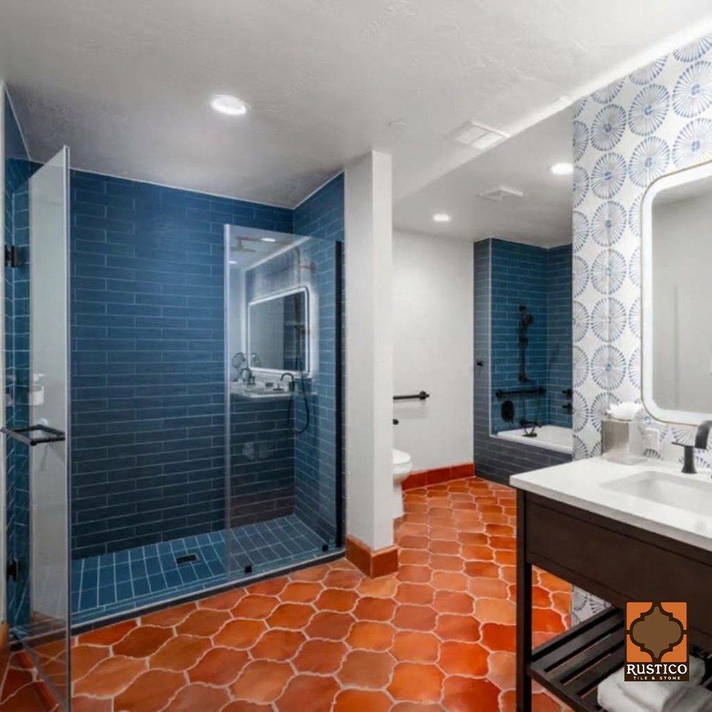 Bathroom with Spanish Mission Red Saltillo tile flooring and blue glazed shower tile
