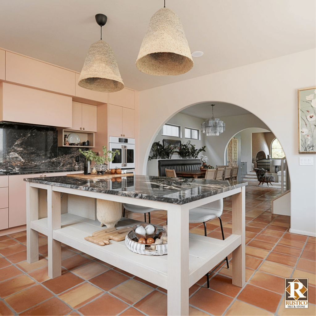 modern kitchen with 12x12 mexican saltillo tile flooring