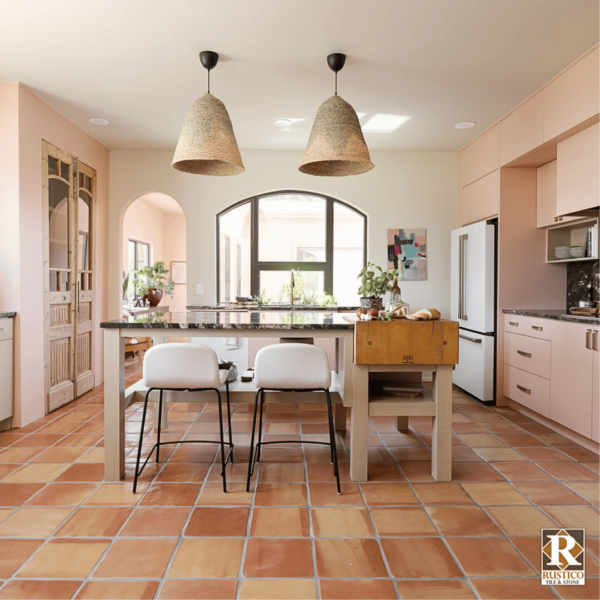 modern rustic kitchen with 12x12 mexican saltillo tile flooring