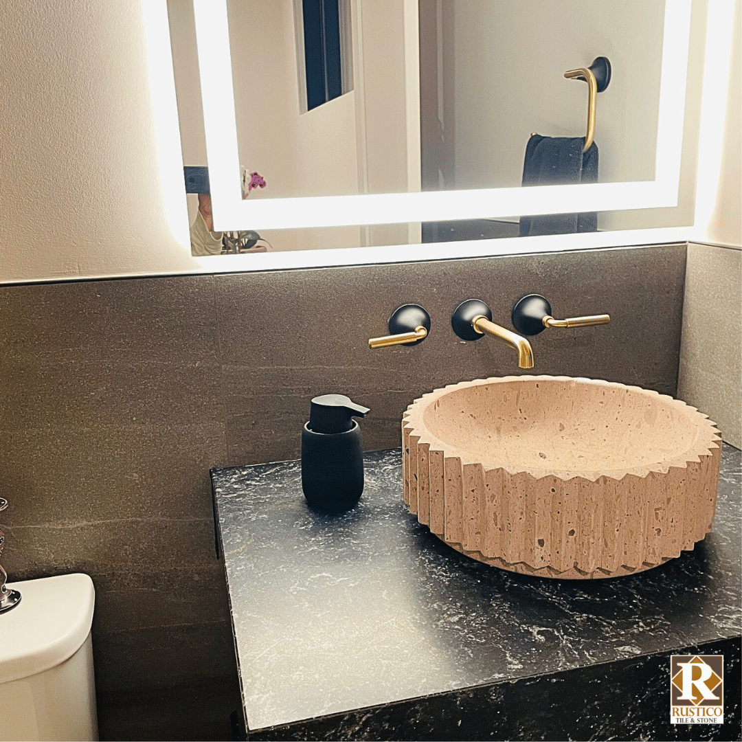 rosa cantera natural stone vessel bathroom sink