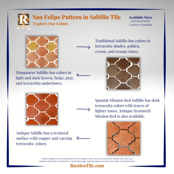 San Felipe Saltillo Tile Colors and Sizes