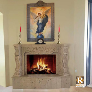 cantera hand carved stone fireplace