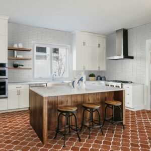 fleur de lis antique mexican saltillo tile flooring with glazed terracotta backsplash tiles