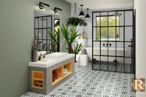 cement tile bathroom floor with glazed shower tile