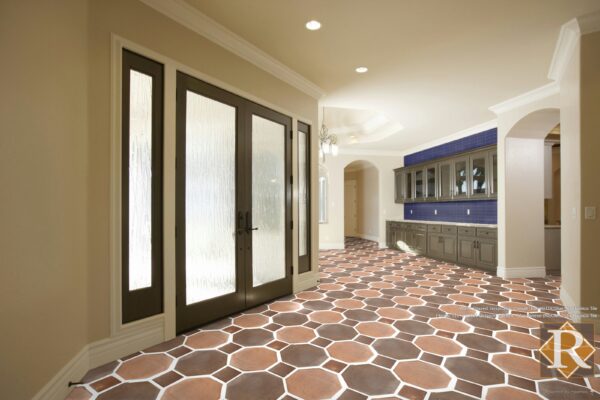 octagon terracotta tile floor with blue glazed tiles