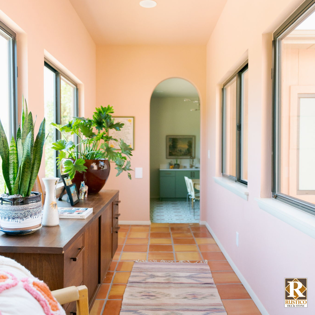 12x12 saltillo tile in hallway with modern rustic decor
