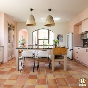 modern rustic kitchen with terracotta tile flooring