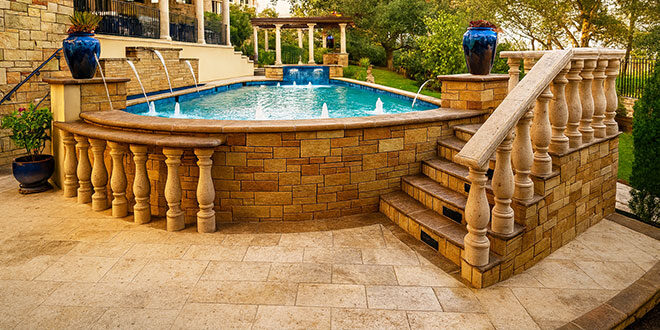 Cantera Stone pavers, pillars and balustrade
