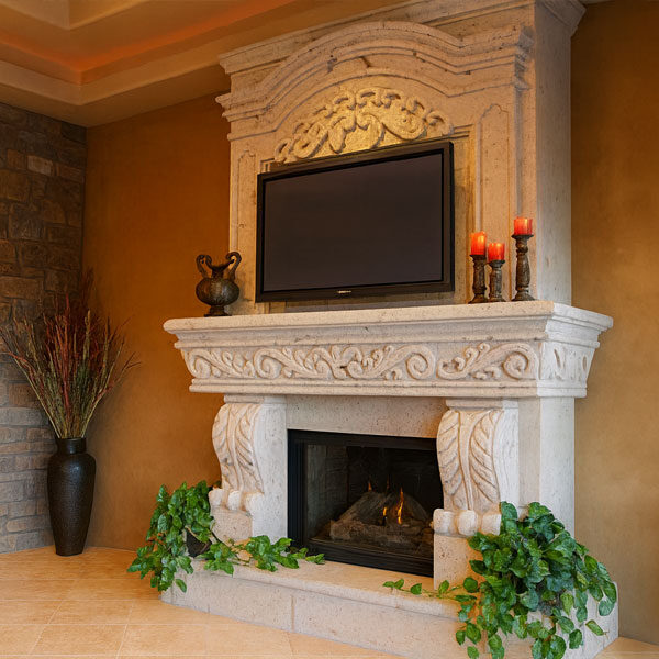 Living room cantera fireplace