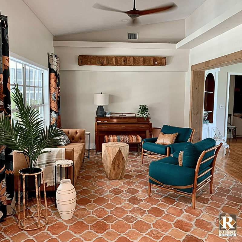 living room with antique saltillo tile in riviera pattern